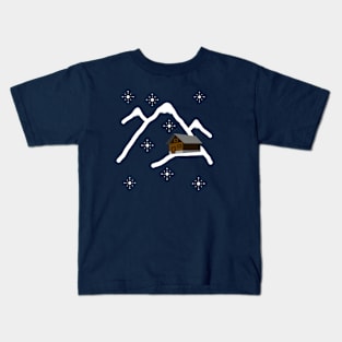 Snowy mountain peaks and cozy mountain hut in winter Kids T-Shirt